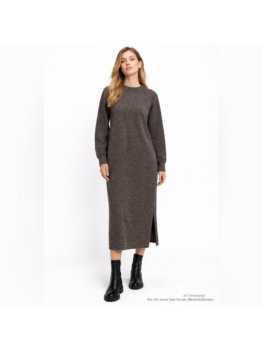 KAFFE M Brown Black Ribbed Knit Midi Dress Side Slit Minimalist